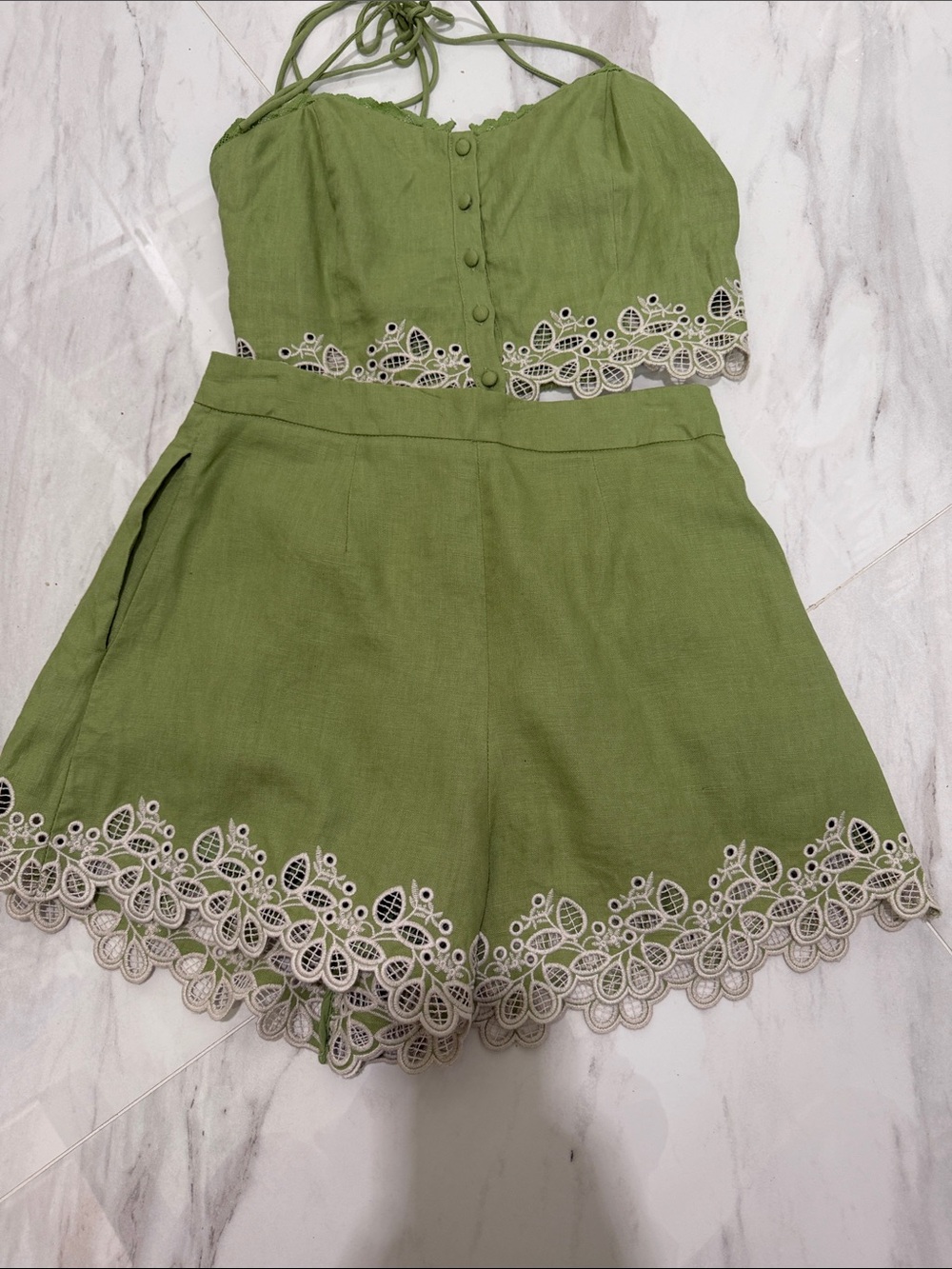 Astr Olive Green Embroidered Halter Crop Top & High-Waist Shorts Set - Picture 2 of 6